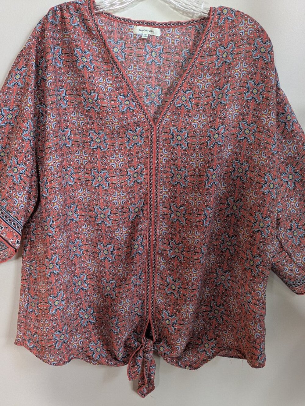 max studio orange paisley bell sleeve tie at bottom boho shirt size 1X #688